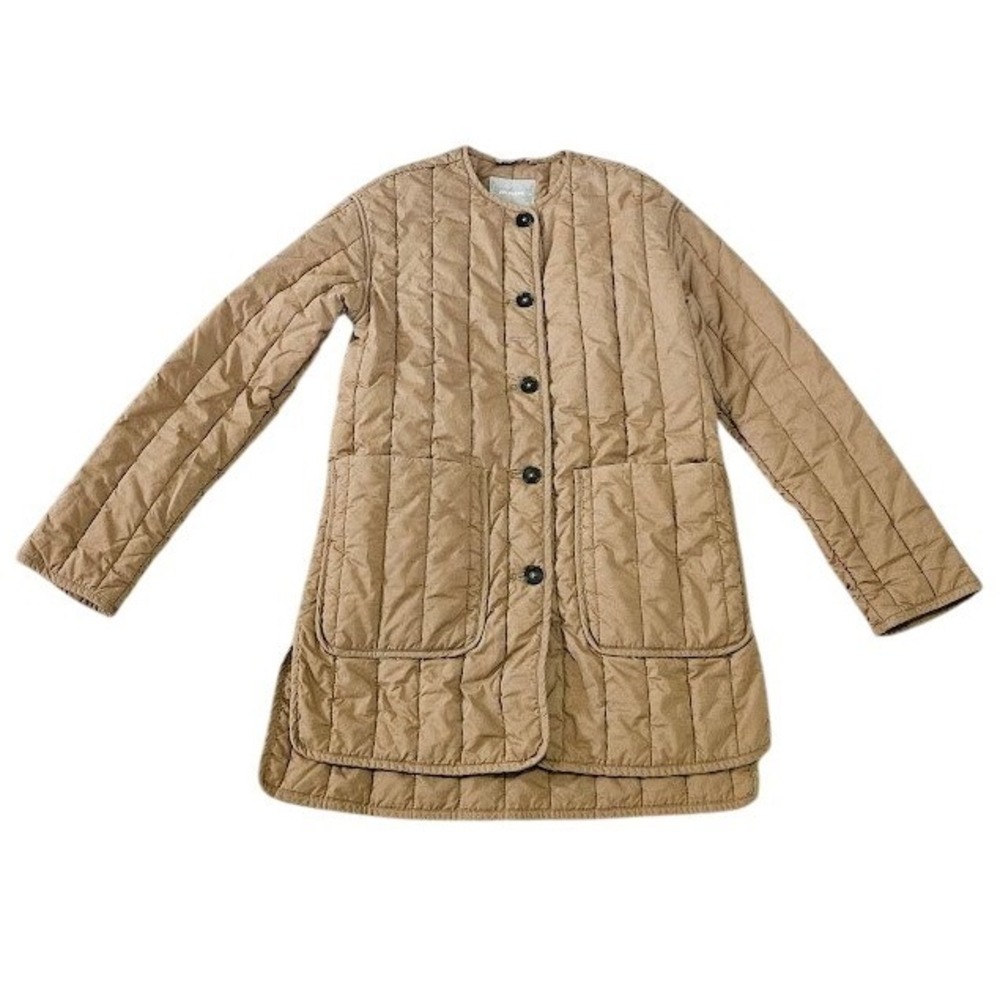 Everlane ReNew Quilted Light Puffer Jacket Women XS Tan Mid Length Coat Button